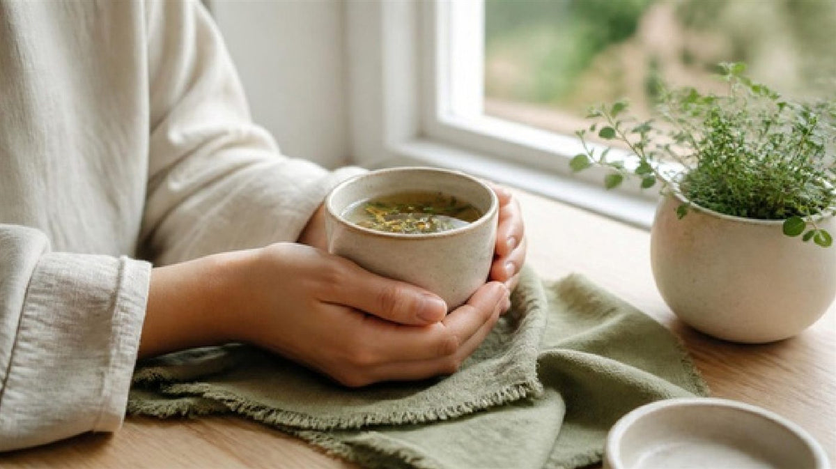 Manos sosteniendo una taza de té junto a la ventana